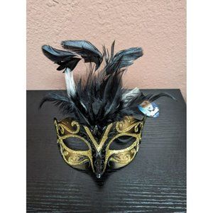 Ubauta Black and Gold Feathered Venetian Masquerade Mask Costume Accessory